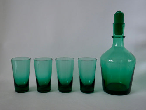 Ensemble D'Une Carafe Et De 4 Verres Design En Verre Vert - Années 70