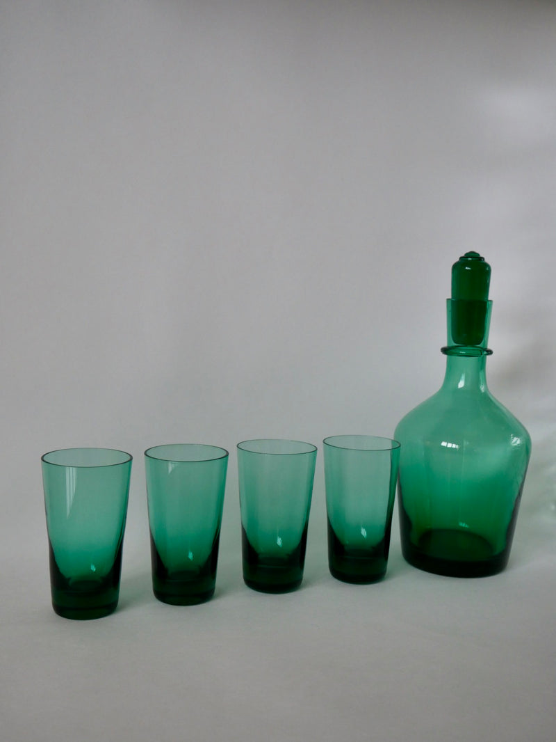 Ensemble D'Une Carafe Et De 4 Verres Design En Verre Vert - Années 70