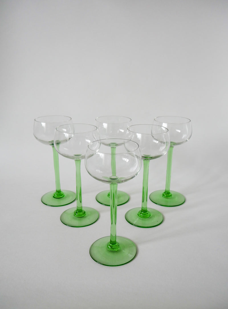 Lot De 6 Verres À Vin Blanc À Pieds Vert Clair - 1970