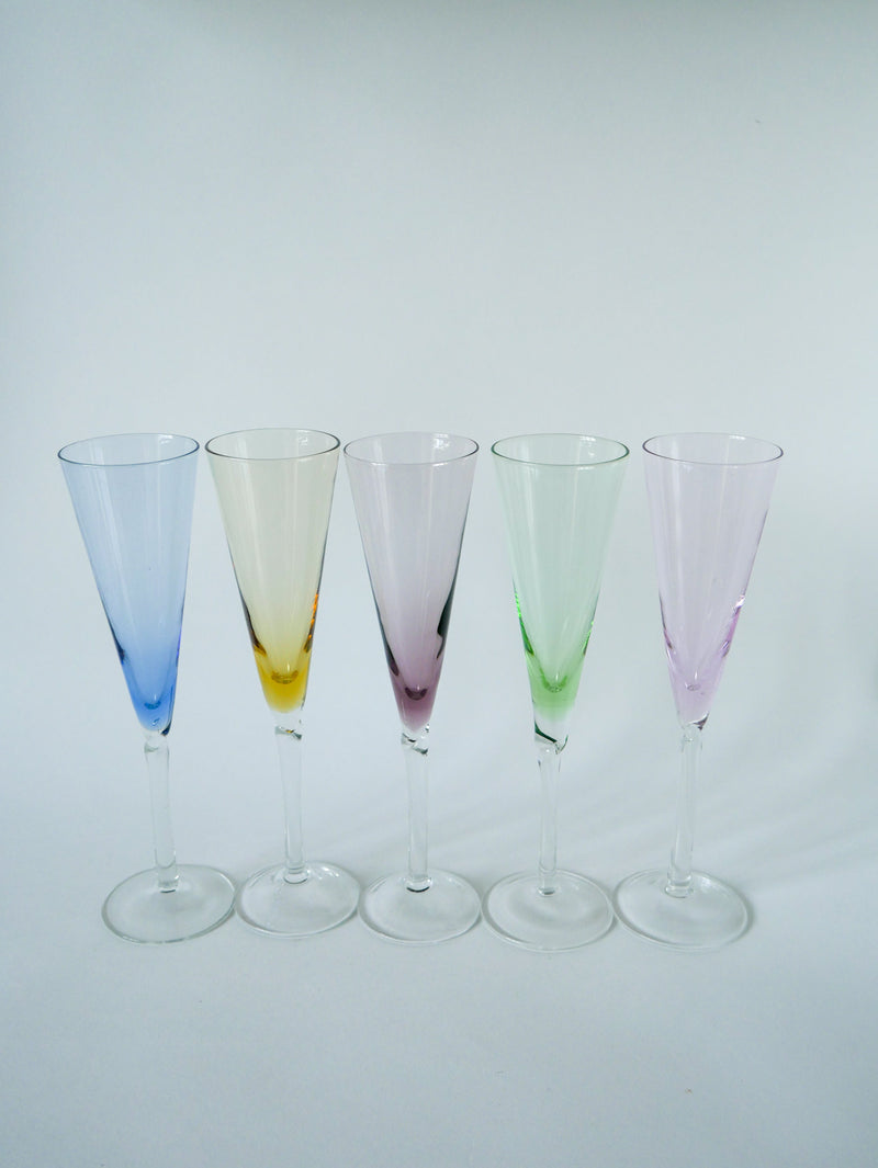 Lot De 5 Flûtes À Champagne En Verre Coloré Design - 1970