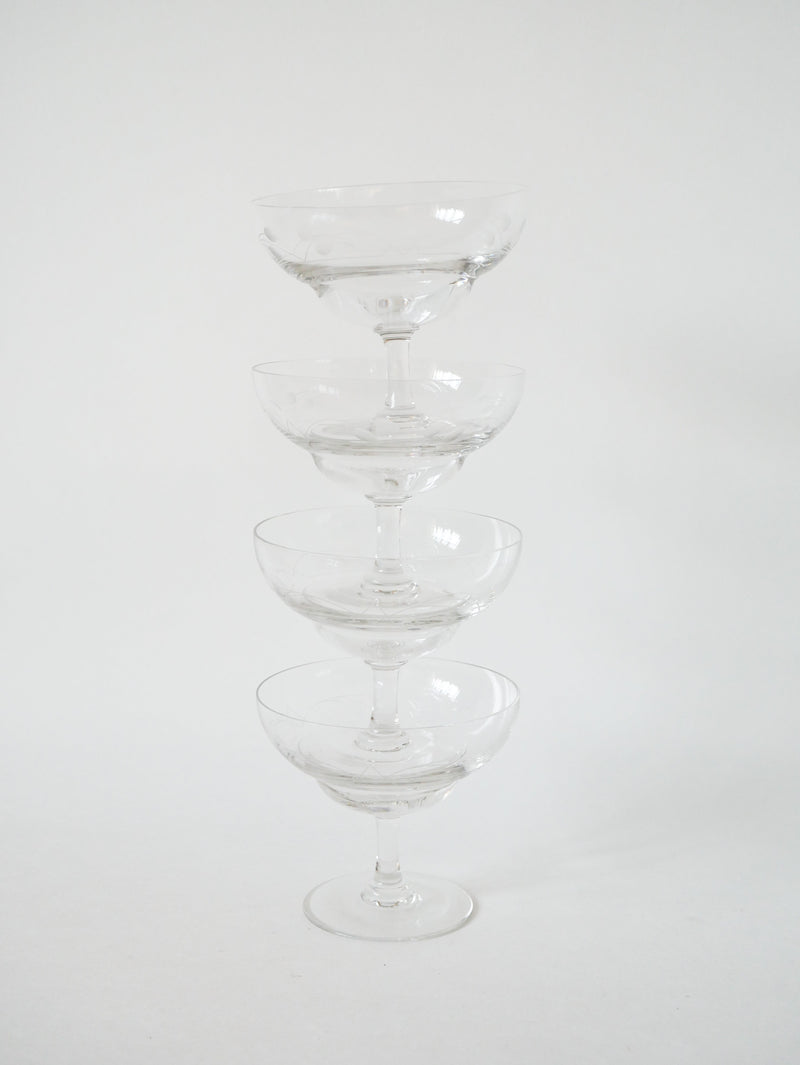 Lot De 4 Coupes À Champagne En Cristal Gravé - 1950 - 8.5 X 10 Cm