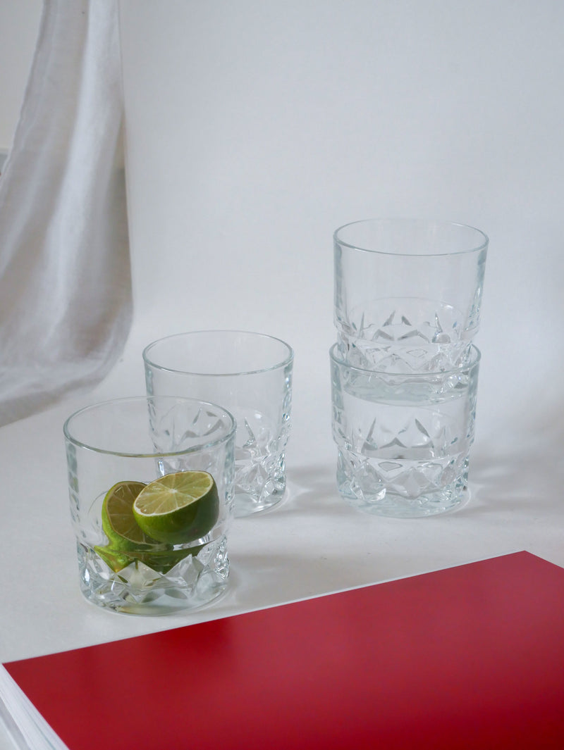 Lot De 4 Verres À Whisky En Verre Facetté Made In France 1970 9 X 8.5 Cm