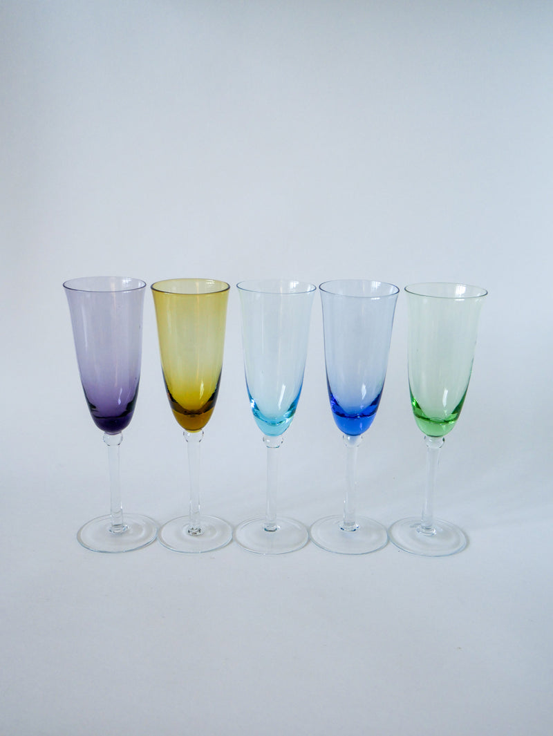 Ensemble De 5 Flûtes En Verre Coloré Multicolores - 1970