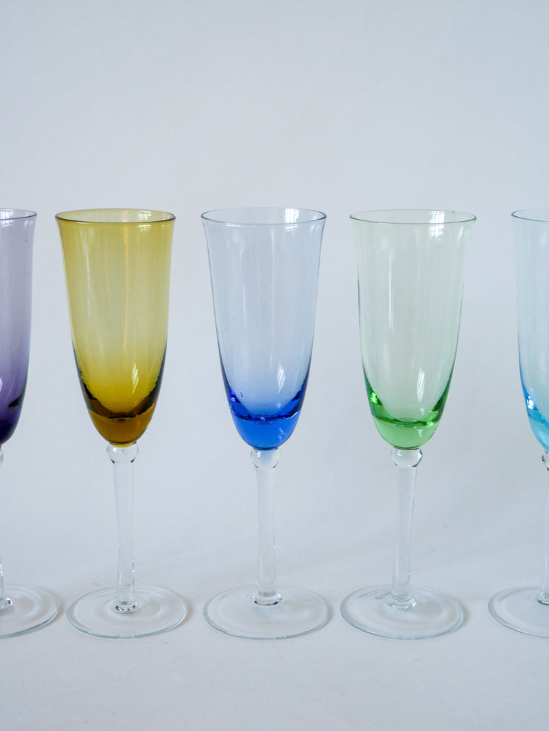 Ensemble De 5 Flûtes En Verre Coloré Multicolores - 1970