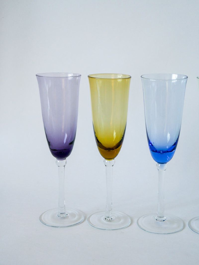 Ensemble De 5 Flûtes En Verre Coloré Multicolores - 1970