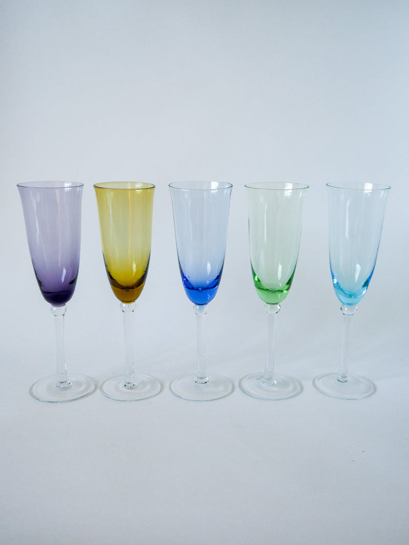 Ensemble De 5 Flûtes En Verre Coloré Multicolores - 1970