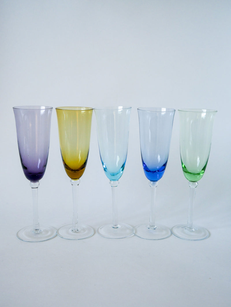 Ensemble De 5 Flûtes En Verre Coloré Multicolores - 1970