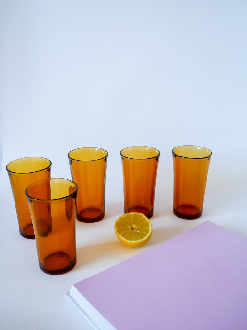 Lot De 5 Verres À Eau / Cocktails Long Drink En Verre Ambré Duralex - 1970