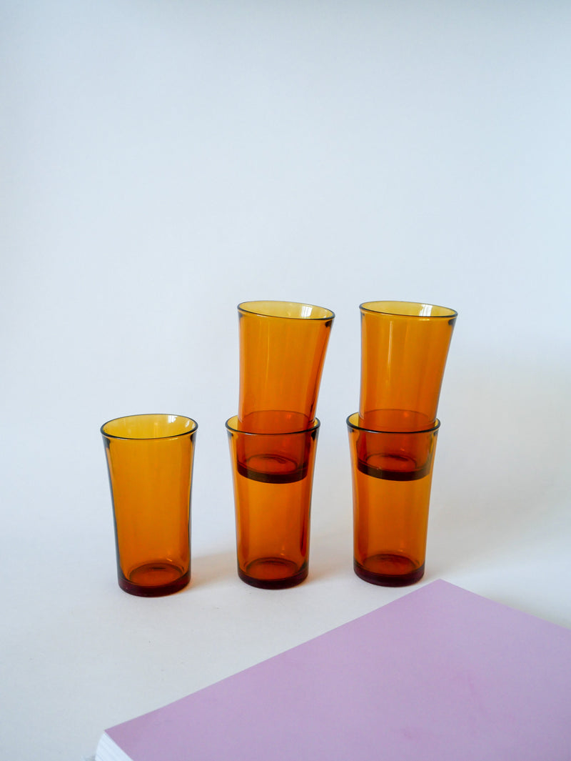 Lot De 5 Verres À Eau / Cocktails Long Drink En Verre Ambré Duralex - 1970