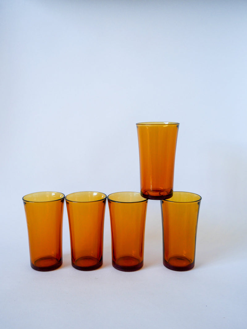 Lot De 5 Verres À Eau / Cocktails Long Drink En Verre Ambré Duralex - 1970