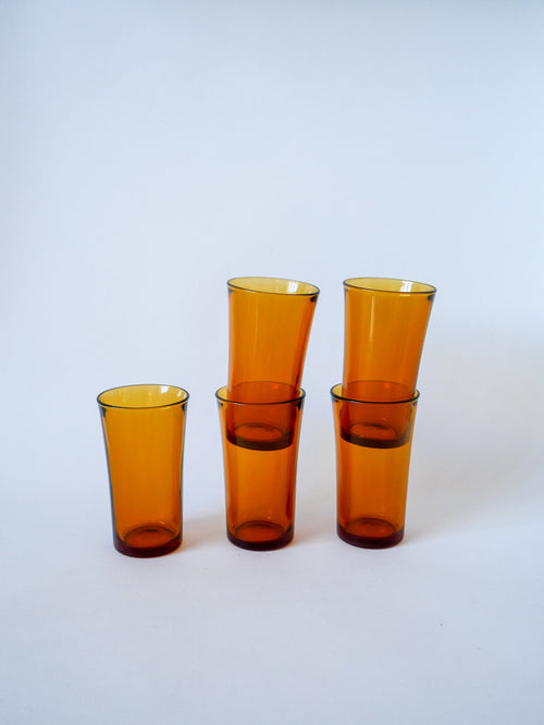 Lot De 5 Verres À Eau / Cocktails Long Drink En Verre Ambré Duralex - 1970