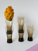 Lot De 5 Grands Verres Long Drink En Verre Fumé Design - 1970