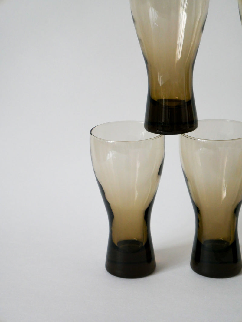 Lot De 5 Grands Verres Long Drink En Verre Fumé Design - 1970