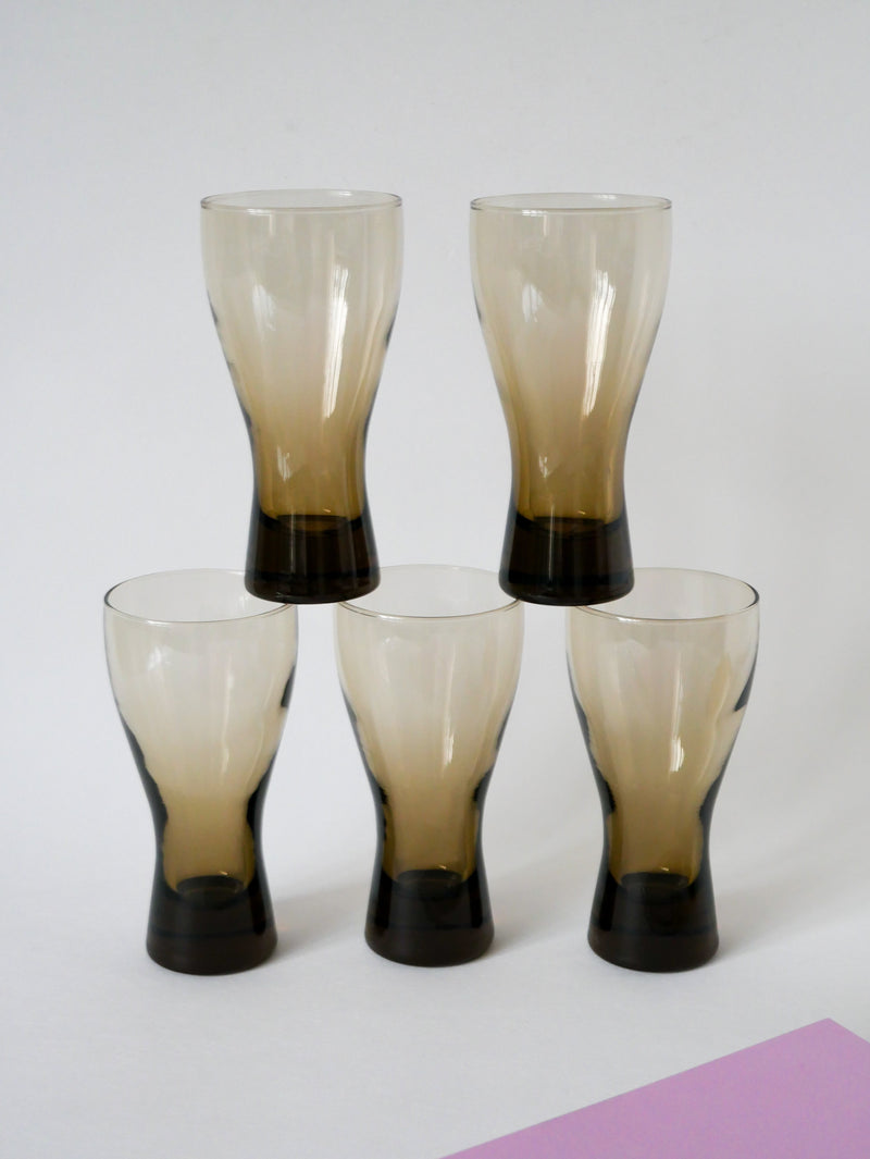 Lot De 5 Grands Verres Long Drink En Verre Fumé Design - 1970