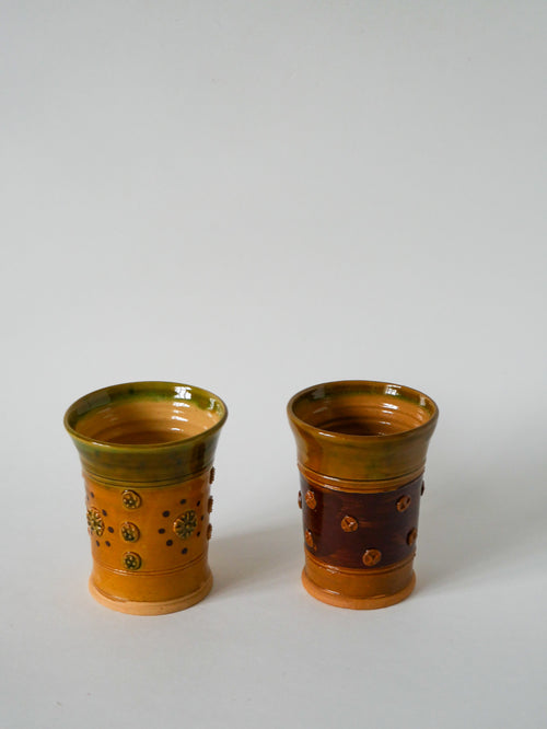 Paire De Gobelets En Céramique / Poterie Jaune Et Vert - Vintage - 1970