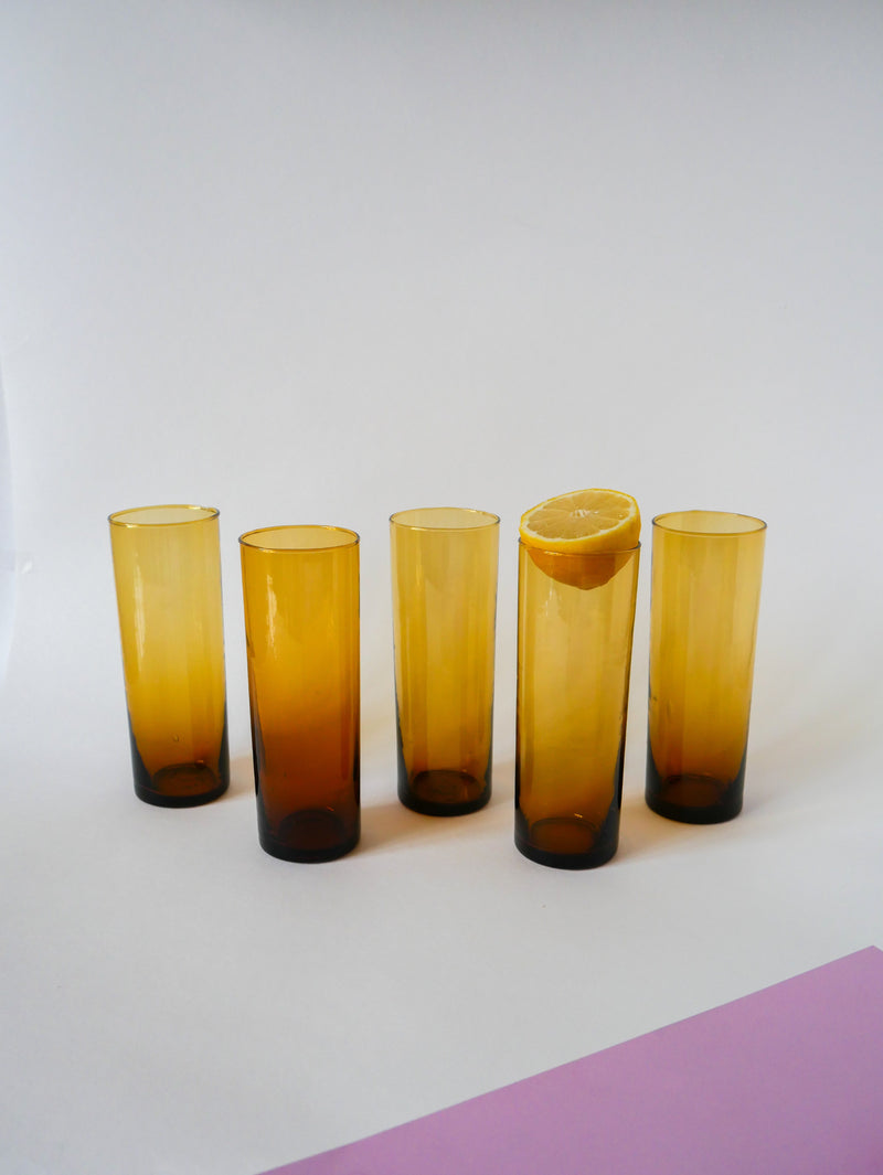 Lot De 5 Verres Ambrés Long Drink - 1970