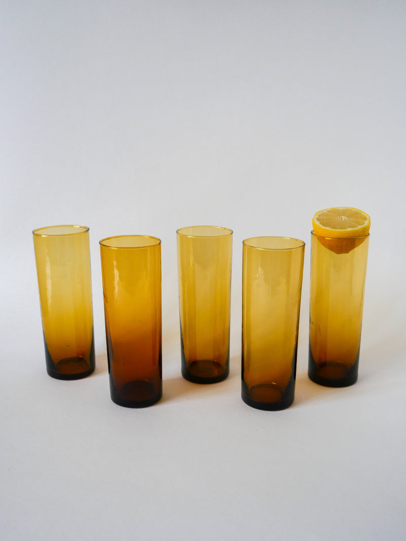 Lot De 5 Verres Ambrés Long Drink - 1970