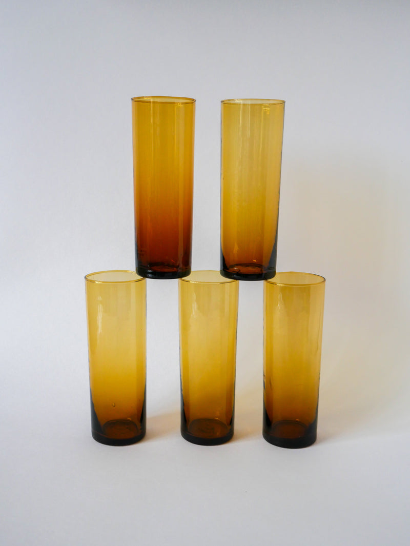 Lot De 5 Verres Ambrés Long Drink - 1970