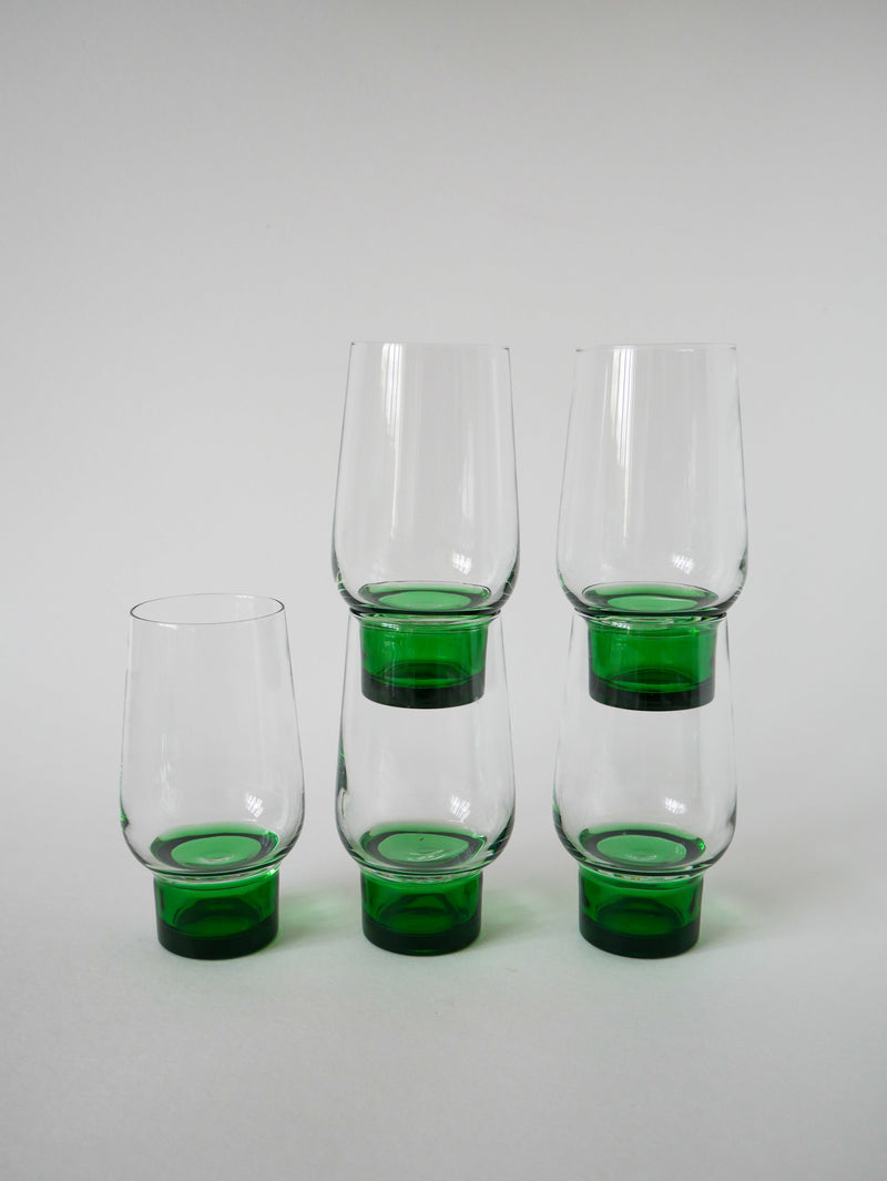 Lot De 5 Verres Long Drink Design À Pieds Vert - 1970