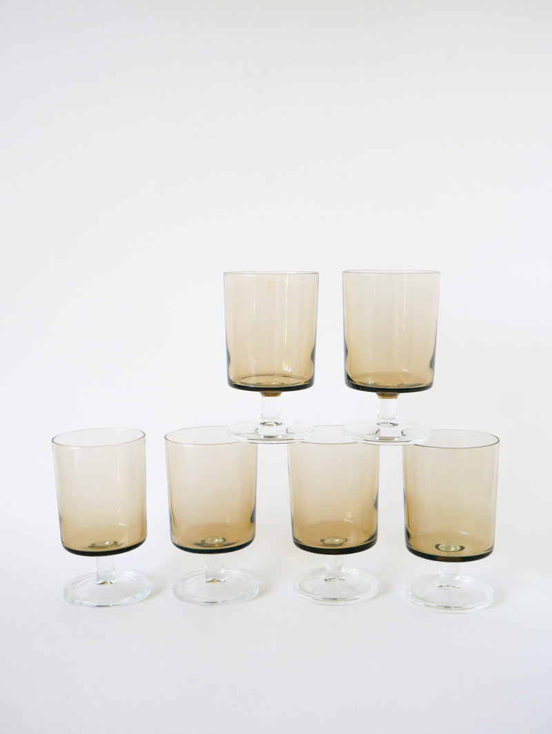 Lot De 6 Grands Verres À Pieds En Verre Fumé - 1970