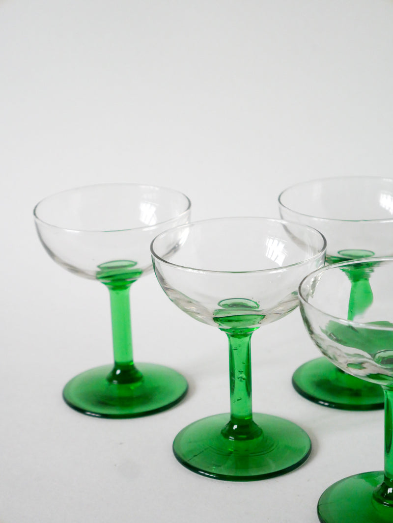 Lot De 5 Coupes À Champagne En Verre Soufflé - Vert - Design - 1970