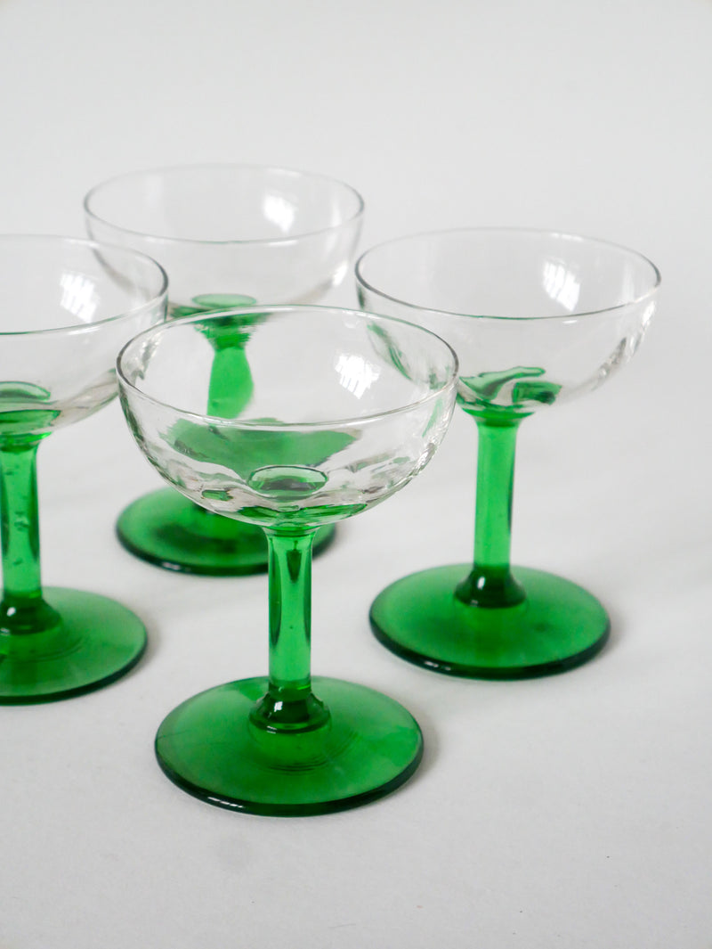 Lot De 5 Coupes À Champagne En Verre Soufflé - Vert - Design - 1970