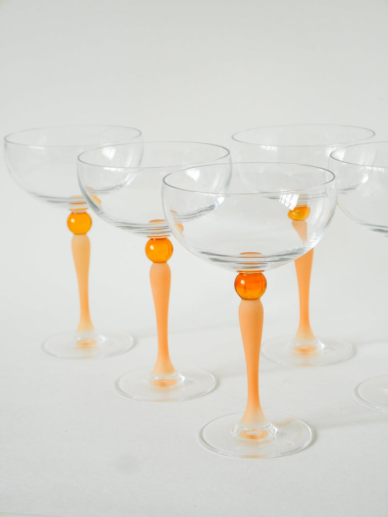 Lot De 5 Coupes À Champagne En Verre Dépoli Orange - Art Nouveau - 1900