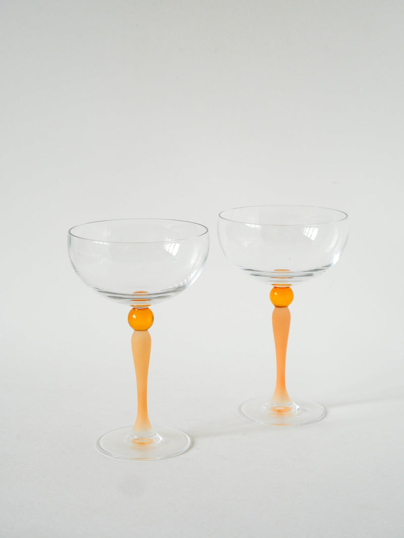 Lot De 5 Coupes À Champagne En Verre Dépoli Orange - Art Nouveau - 1900