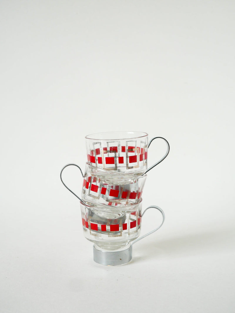 Lot De 4 Tasses À Café En Verre Et Métal - Rouge Et Argenté - 1970