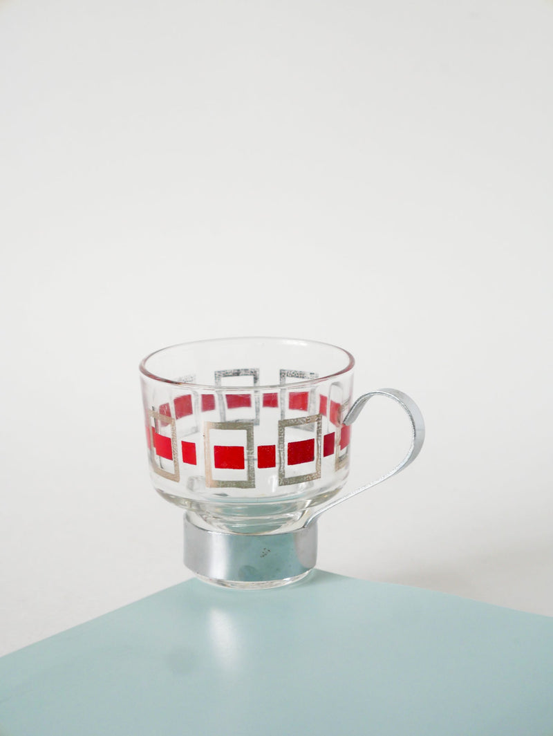 Lot De 4 Tasses À Café En Verre Et Métal - Rouge Et Argenté - 1970