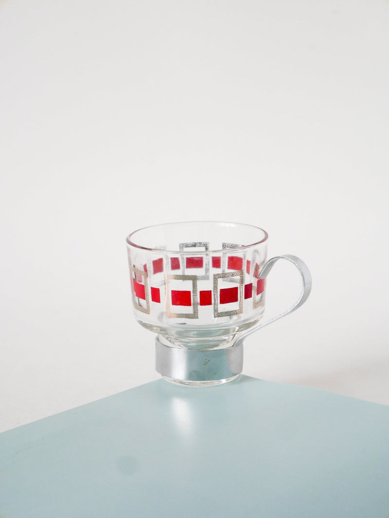 Lot De 4 Tasses À Café En Verre Et Métal - Rouge Et Argenté - 1970