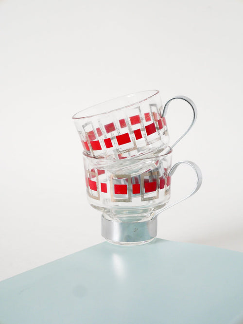 Lot De 4 Tasses À Café En Verre Et Métal - Rouge Et Argenté - 1970