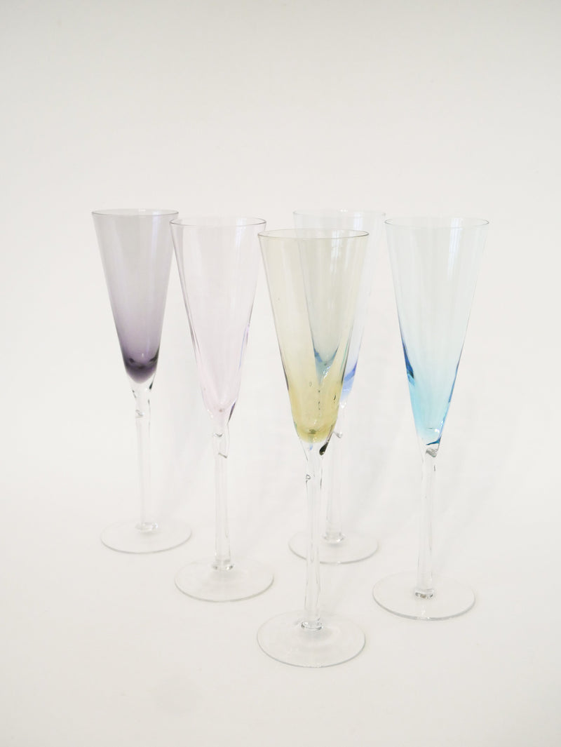 Ensemble De 5 Flûtes À Champagne En Verre Coloré - Design - 1970