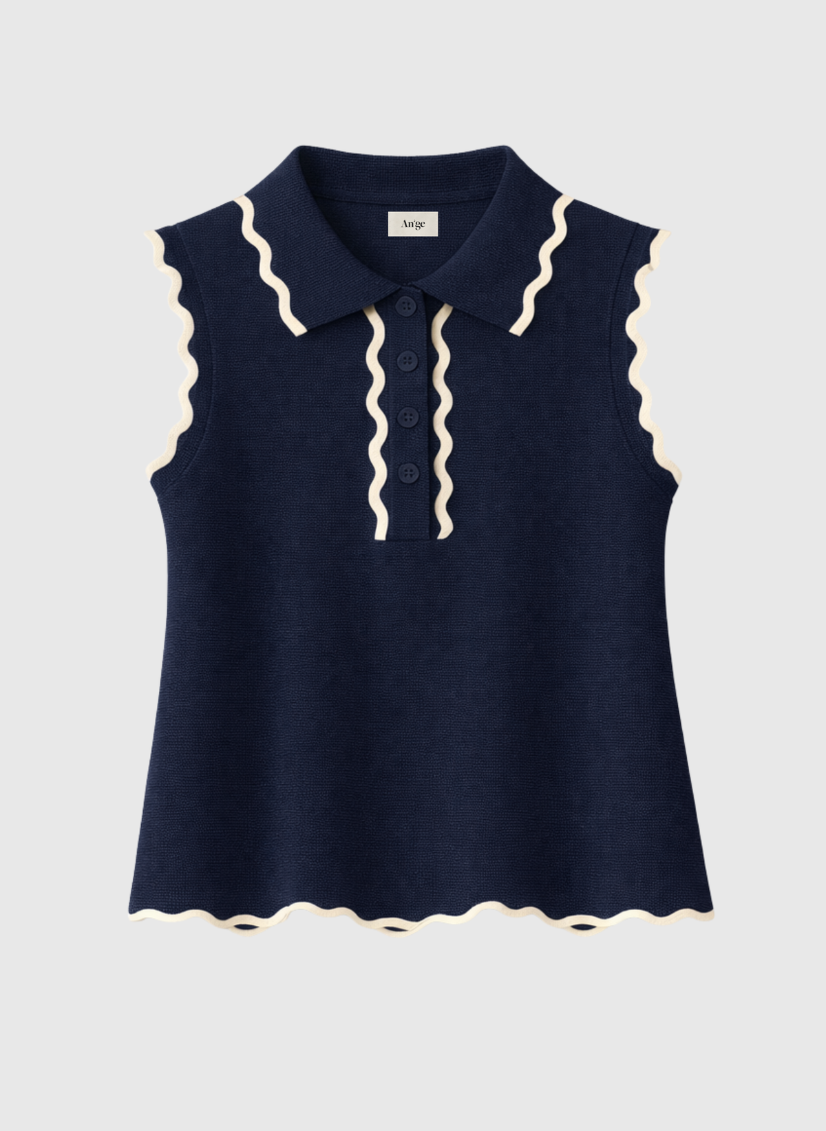An'ge – Pull Valiati Marine, haut sans manches bleu marine avec col et bordures festonnés