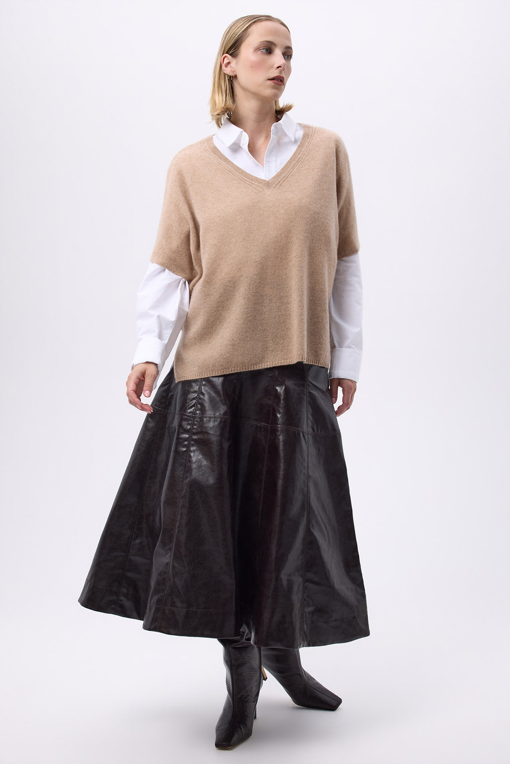 Oversized trui met V-hals zonder mouwen F Vanina - Crèmebeige - Dames