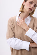 Oversized trui met V-hals zonder mouwen F Vanina - Crèmebeige - Dames