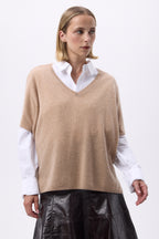 Oversized trui met V-hals zonder mouwen F Vanina - Crèmebeige - Dames