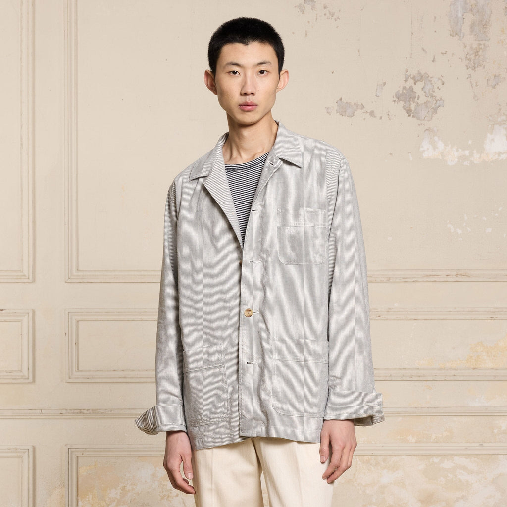 Veste De Travail En Coton Et Lin À Rayures Bleues Et Écrues