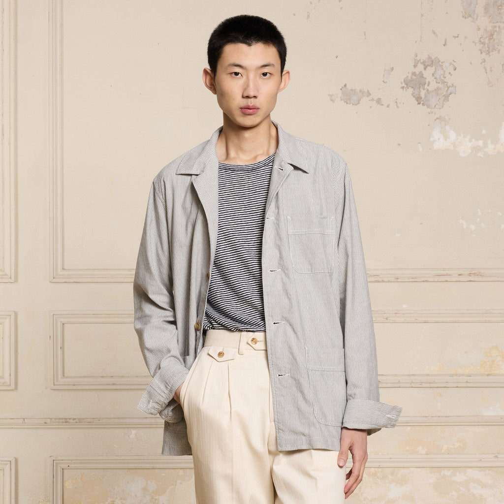 Veste De Travail En Coton Et Lin À Rayures Bleues Et Écrues