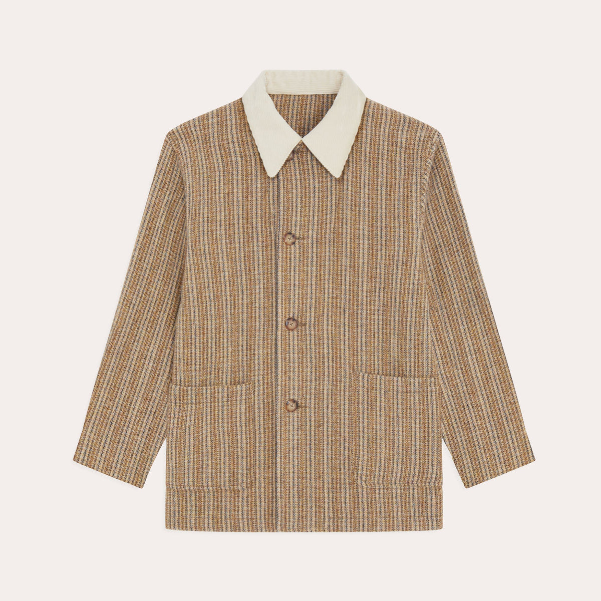 Hast – Mönstrad beige arbetsjacka i ull, brun jacka med vertikala ränder och vit krage, framifrån