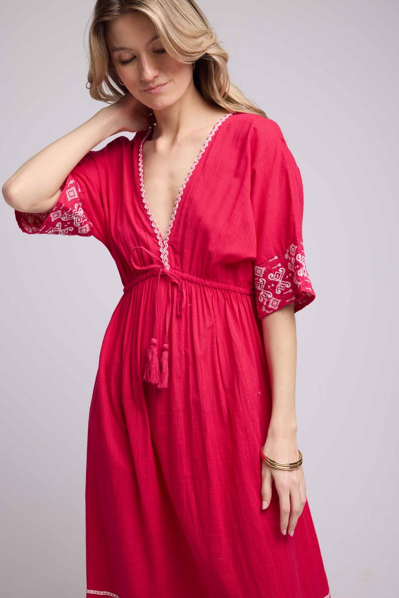 Mid-Length Sleeve Long Dress - Pink