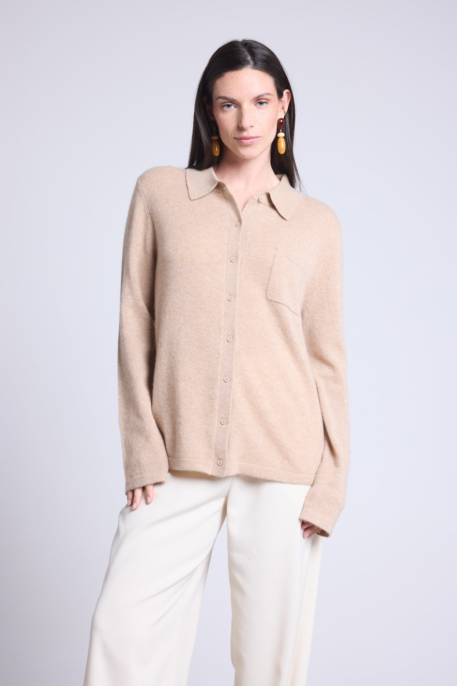 Chemise Boutonnee Femme Vera - Beige Creme - Femme - 100% Cachemire