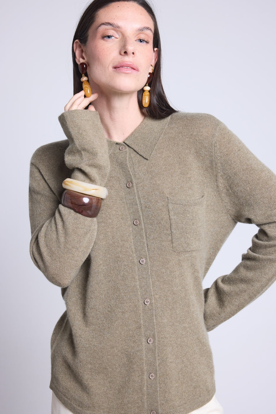 Chemise Boutonnee Femme Vera - Vert Khaki - Femme - 100% Cachemire