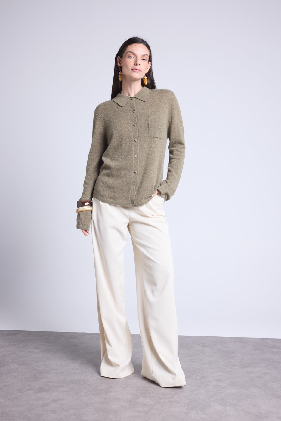 Chemise Boutonnee Femme Vera - Vert Khaki - Femme - 100% Cachemire