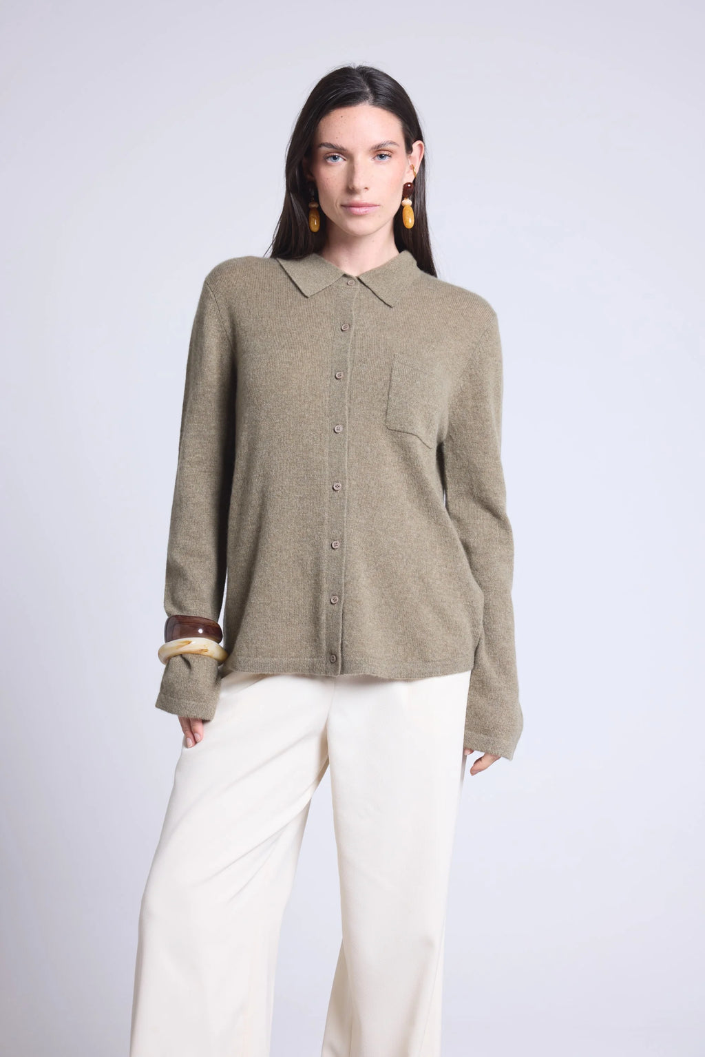 Chemise Boutonnee Femme Vera - Vert Khaki - Femme - 100% Cachemire