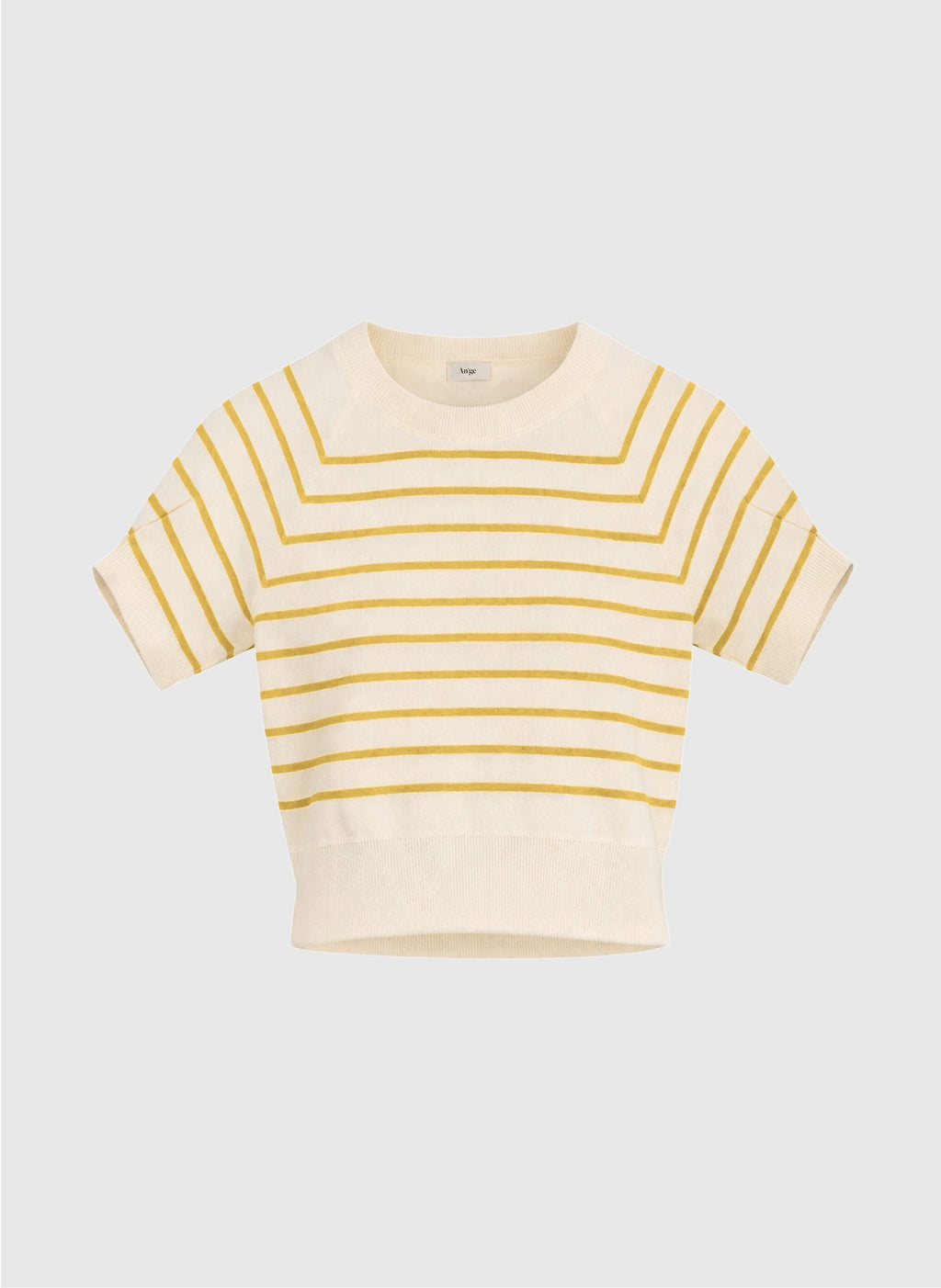 An'ge – Maglione Vestiza Paille, t-shirt bianco sporco a righe orizzontali gialle, maniche corte