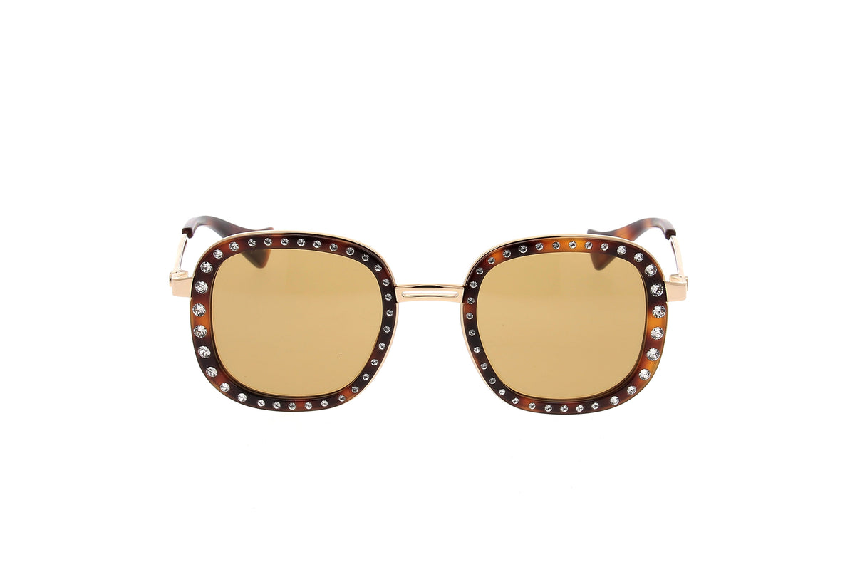Luxury Eyewear – Okulary przeciwsłoneczne - Valentino, brązowe okulary przeciwsłoneczne z okrągłymi szkłami i oprawką zdobioną cyrkoniami