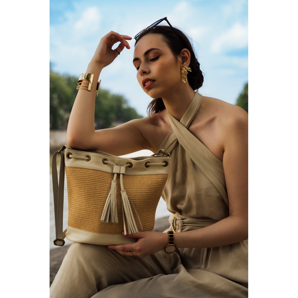 Bolso De Hombro Cerise Rafia - Blanco Roto