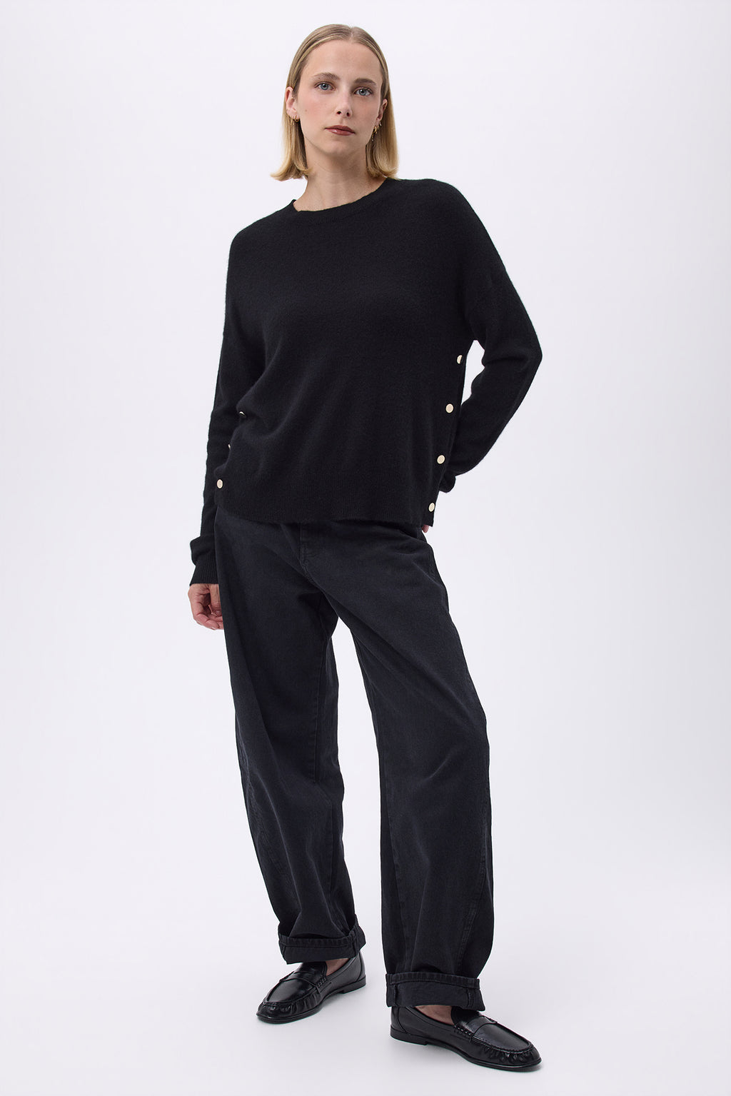 Jersey de cuello redondo con botones laterales dorados F Victoire - Negro - Mujer