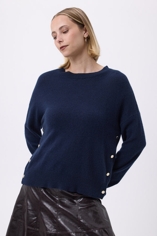 Pull Col Rond À Boutons Latéraux Dorés F Victoire - Bleu Marine - Femme